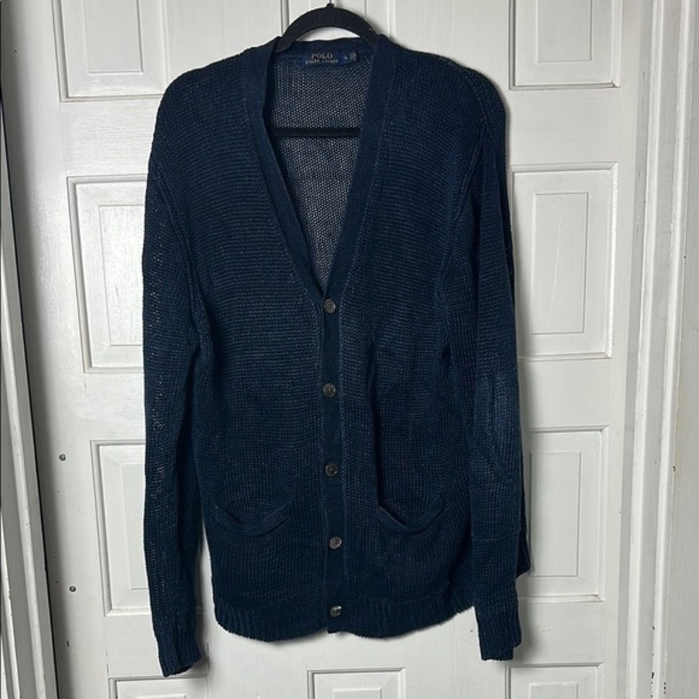 Ralph Lauren 100% Linen Blue Knit Cardigan Size Large